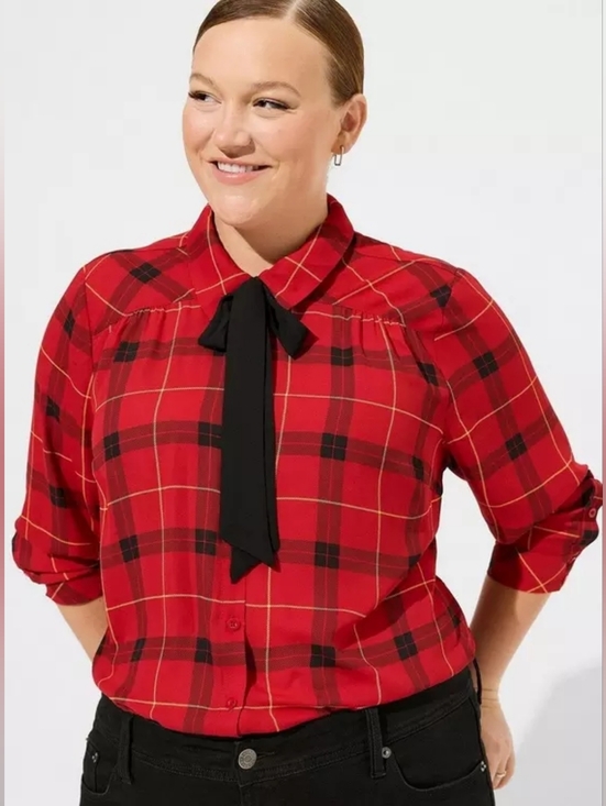 torrid Tops - Torrid Betsey Johnson Bow Tie Plaid Blouse